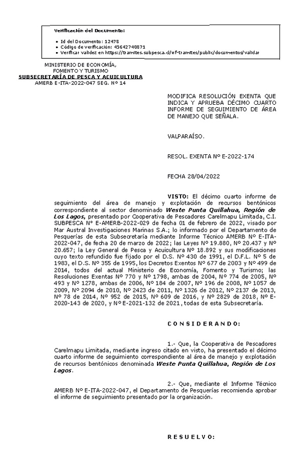 RESOL. EXENTA Nº E-2022-174 Modifica Resolución que Indica. Aprueba 14° Seguimiento. (Publicado en Página Web 29-04-2022)