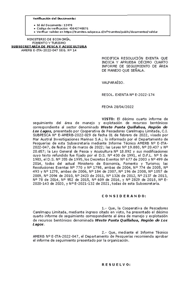 RESOL. EXENTA Nº E-2022-174 Modifica Resolución que Indica. Aprueba 14° Seguimiento. (Publicado en Página Web 29-04-2022)