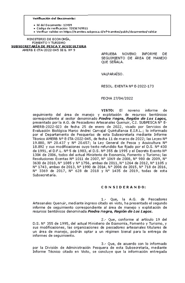 RESOL. EXENTA Nº E-2022-173 Aprueba 9° Seguimiento. (Publicado en Página Web 29-04-2022)