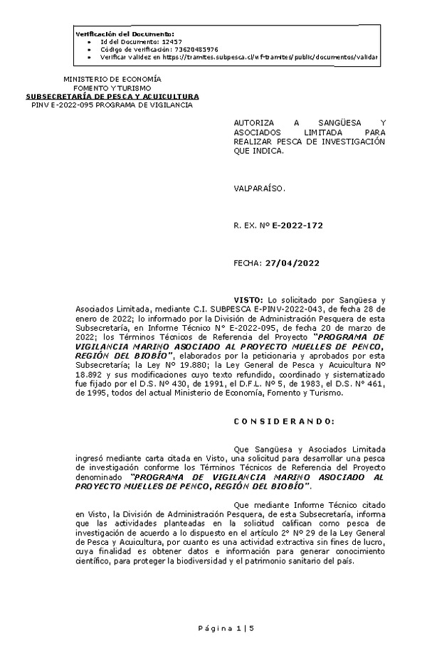 R. EX. Nº E-2022-172 PROGRAMA DE VIGILANCIA MARINO ASOCIADO AL PROYECTO MUELLES DE PENCO, REGIÓN DEL BIOBÍO. (Publicado en Página Web 29-04-2022)