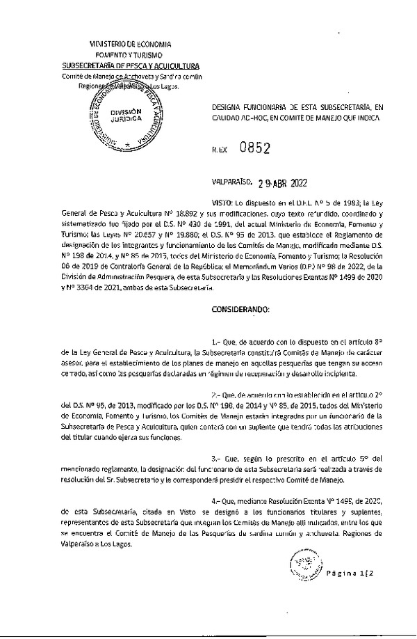 Res. Ex. N° 0852-2022 Designa Funcionaria de esta Subsecretaría, en Calidad Ad-Hoc, en Comité de Manejo de Anchoveta y Sardina común. (Publicado en Página Web 29-04-2022)