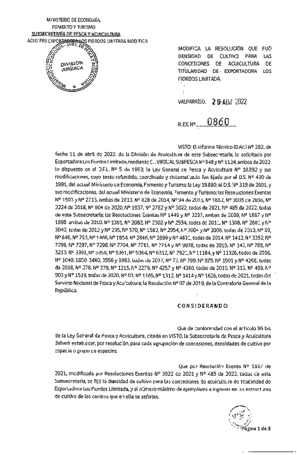 Res. Ex. N° 0860-2022 Modifica Res. Ex. N° 1937-2021 Fija densidad de cultivo para las concesiones de acuicultura de titularidad de Exportadora Los Fiordos Limitada, Región de Aysén.(Con Informe Técnico) (Publicado en Página Web 29-04-2022)