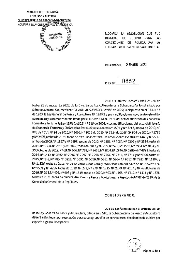 Res. Ex. N° 0862-2022 Modifica Res. Ex. N° 3435-2021 Fija densidad de cultivo para las concesiones de acuicultura de titularidad Salmones Austral S.A. (Publicado en Página Web 29-04-2022)