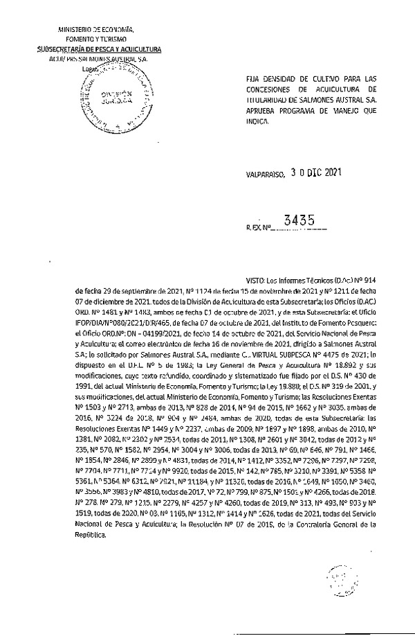 Res. Ex. N° 3435-2021 Fija densidad de cultivo para las concesiones de acuicultura de titularidad Salmones Austral S.A. (Publicado en Página Web 30-12-2021)