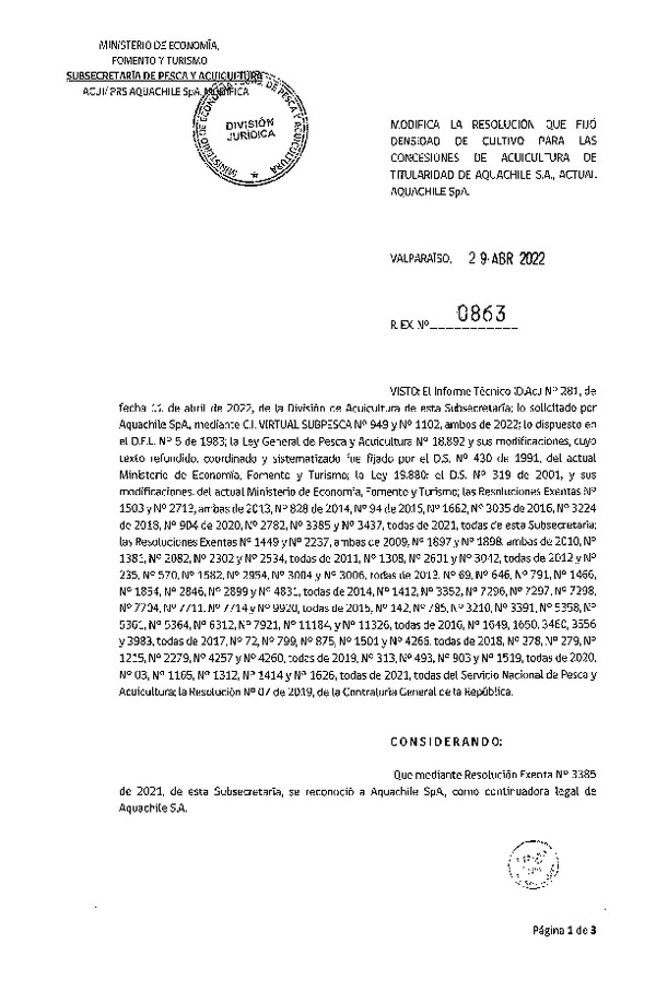 Res. Ex. N° 0863-2022 Modifica 	Res. Ex. N° 3437-2021 Fija densidad de cultivo para las concesiones de acuicultura de titularidad de Salmones Aquachile S.A. (Con Informe Técnico) (Publicado en Página Web 02-05-2022)