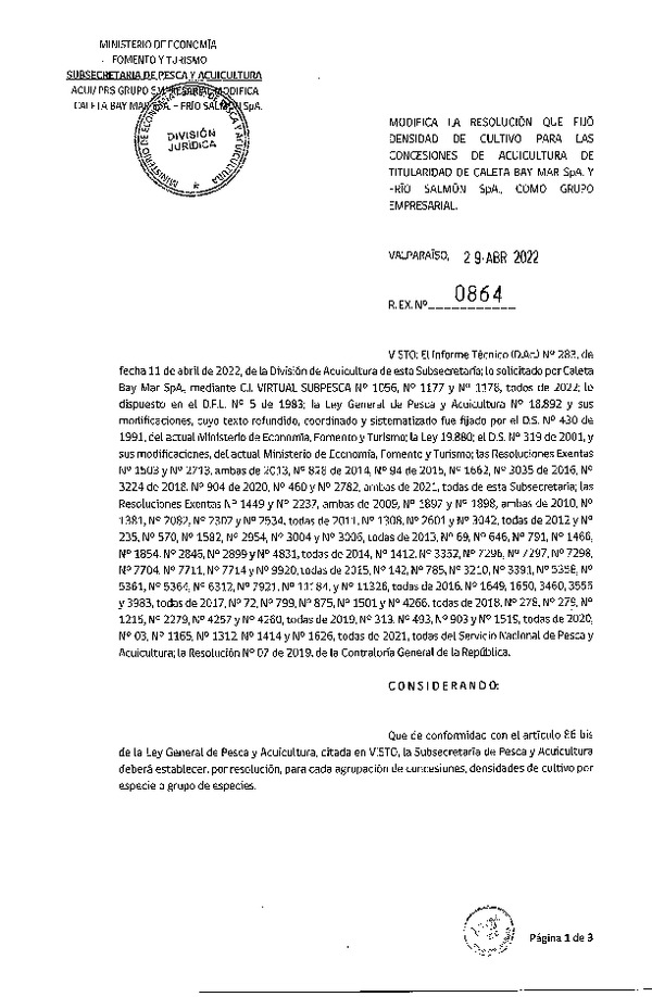 Res. Ex. N° 0864-2022 Modifica Res. Ex N° 460-2021 Fija densidad de cultivo para las concesiones de acuicultura de titularidad de Salmones Caleta Bay Mar SpA. y Frío Salmón SpA, como grupo empresarial. (Con Informe Técnico) (Publicado en Página Web 02-05-2022).