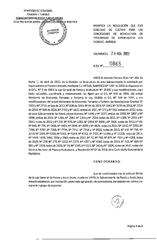 Res. Ex. N° 0865-2022 Modifica Res. Ex. N° 3432-2021 Fija densidad de cultivo para las concesiones de titularidad de Exportadora Los Fiordos Limitada (Con Informe Técnico). (Publicado en Página web 02-05-2022)