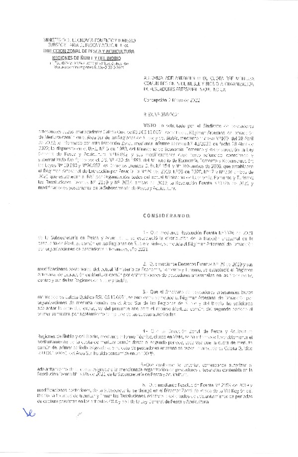 Res. Ex. N° 036-2022 (DZP Ñuble-Biobío) Autoriza Adelantamiento de Cuota RAE Merluza Común, Regiones de Ñuble y Biobío. (Publicado en Página Web 02-05-2022)