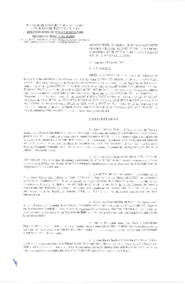 Res. Ex. N° 038-2022 (DZP Ñuble y del Biobío) Autoriza cesión Sardina común y Anchoveta. (Publicado en Página Web 02-05-2022)