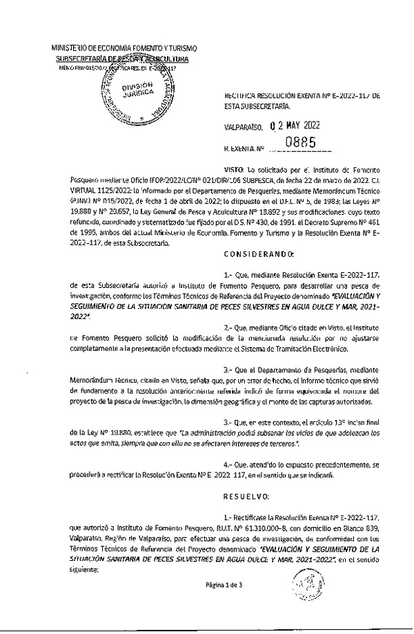 Res. Ex. N° 0885-2022 Rectifica R. EX. Nº E-2022-117 EVALUACIÓN Y SEGUIMIENTO DE LA SITUACIÓN SANITARIA DE PECES SILVESTRES EN AGUA DULCE Y MAR, 2021-2022. (Publicado en Página Web 03-05-2022)