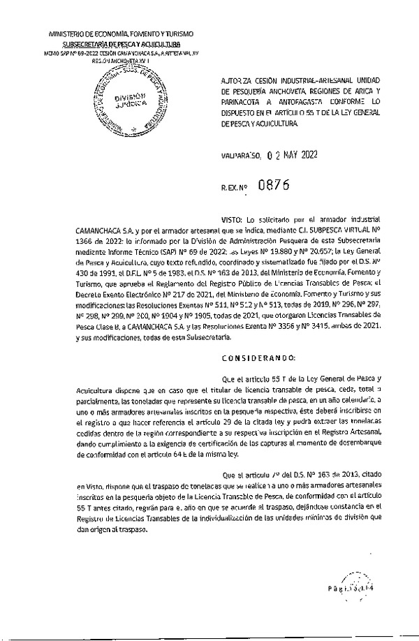 Res. Ex. N° 0876-2022, Autoriza Cesión unidad de pesquería Anchoveta, Regiones de Arica y Parinacota a Antofagasta. (Publicado en Página Web 03-05-2022)