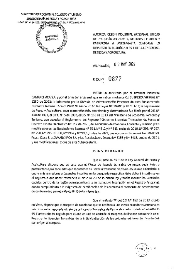 Res. Ex. N° 0877-2022, Autoriza Cesión unidad de pesquería Anchoveta, Regiones de Arica y Parinacota a Antofagasta. (Publicado en Página Web 03-05-2022)