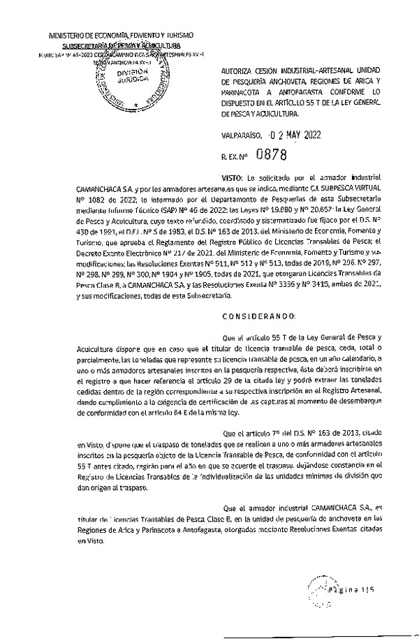 Res. Ex. N° 0878-2022, Autoriza Cesión unidad de pesquería Anchoveta, Regiones de Arica y Parinacota a Antofagasta. (Publicado en Página Web 03-05-2022)