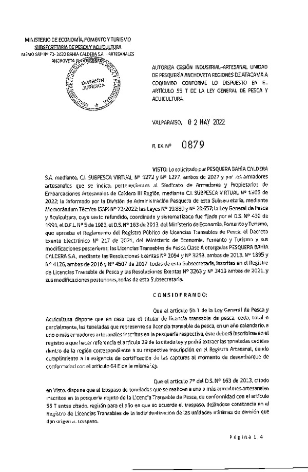 Res. Ex. N° 0879-2022, Autoriza Cesión unidad de pesquería Anchoveta, Regiones de Atacama a Coquimbo. (Publicado en Página Web 03-05-2022)