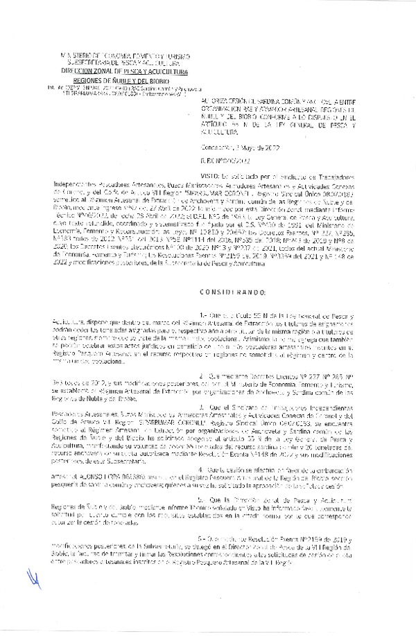 Res. Ex. N° 040-2022 (DZP Ñuble y del Biobío) Autoriza cesión Sardina común y Anchoveta. (Publicado en Página Web 03-05-2022)