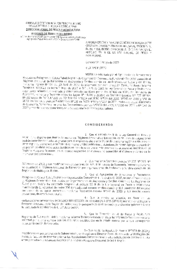 Res. Ex. N° 041-2022 (DZP Ñuble y del Biobío) Autoriza cesión Sardina común y Anchoveta. (Publicado en Página Web 03-05-2022)