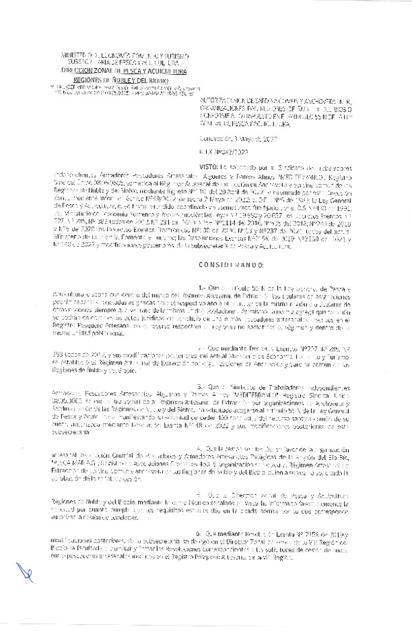 Res. Ex. N° 043-2022 (DZP Ñuble y del Biobío) Autoriza cesión Sardina común y Anchoveta. (Publicado en Página Web 03-05-2022)