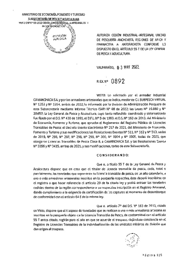 Res. Ex. N° 0892-2022, Autoriza Cesión unidad de pesquería Anchoveta, Regiones de Arica y Parinacota a Antofagasta. (Publicado en Página Web 03-05-2022)