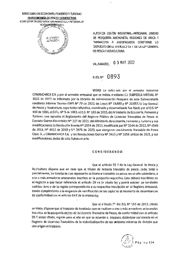 Res. Ex. N° 0893-2022, Autoriza Cesión unidad de pesquería Anchoveta, Regiones de Arica y Parinacota a Antofagasta. (Publicado en Página Web 03-05-2022)