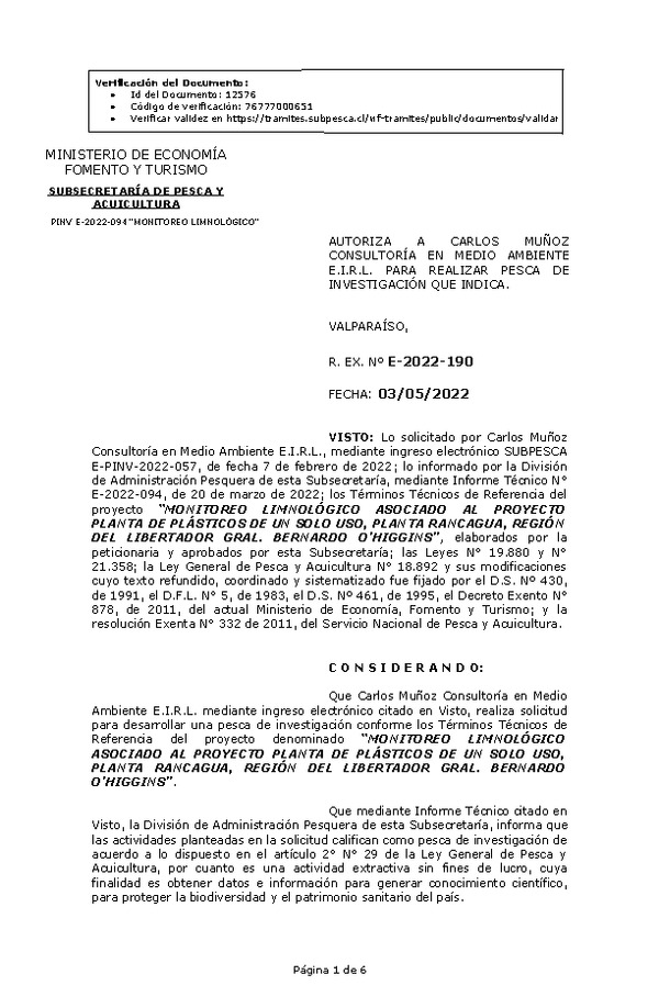 R. EX. Nº E-2022-190 MONITOREO LIMNOLÓGICO ASOCIADO AL PROYECTO PLANTA DE PLÁSTICOS DE UN SOLO USO, PLANTA RANCAGUA, REGIÓN DEL LIBERTADOR GRAL. BERNARDO O’HIGGINS. (Publicado en Página Web 04-05-2022)