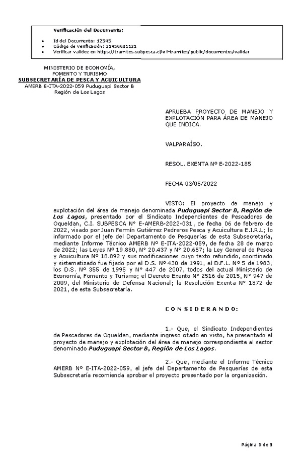 RESOL. EXENTA Nº E-2022-185 Aprueba plan de manejo. (Publicado en Página Web 04-05-2022)