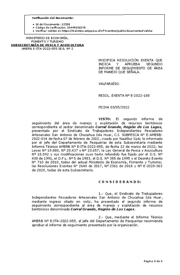 RESOL. EXENTA Nº E-2022-188 Modifica resolución que indica. Aprueba 2° seguimiento. (Publicado en Página Web 04-05-2022)