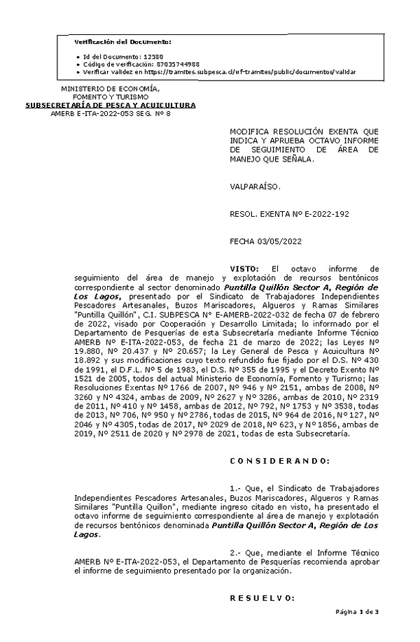 RESOL. EXENTA Nº E-2022-192 Modifica resolución que indica. Aprueba 8° seguimiento. (Publicado en Página Web 04-05-2022)