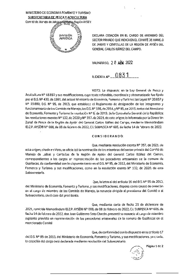 Res. Ex. N° 831-2022 Declara Cesación en el Cargo de Miembro del Sector Privado que Indica en el Comité de Manejo de Jaibas y Centollas de la Región de Aysén del General Carlos Ibañez del Campo.  (Publicado en Página Web 05-05-2022)