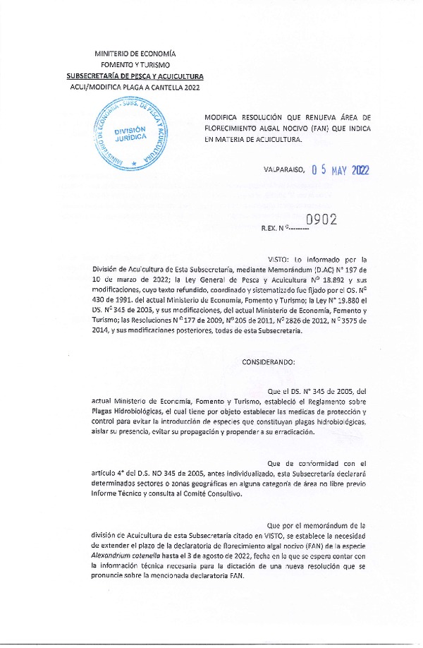 Res. Ex. N° 902-2022 Modifica Res. Ex. N° 822-2020 Renueva Área de Florecimiento Algal Nocivo (FAN) en Sector que Indica. (Publicado en Página Web 05-05-2022)