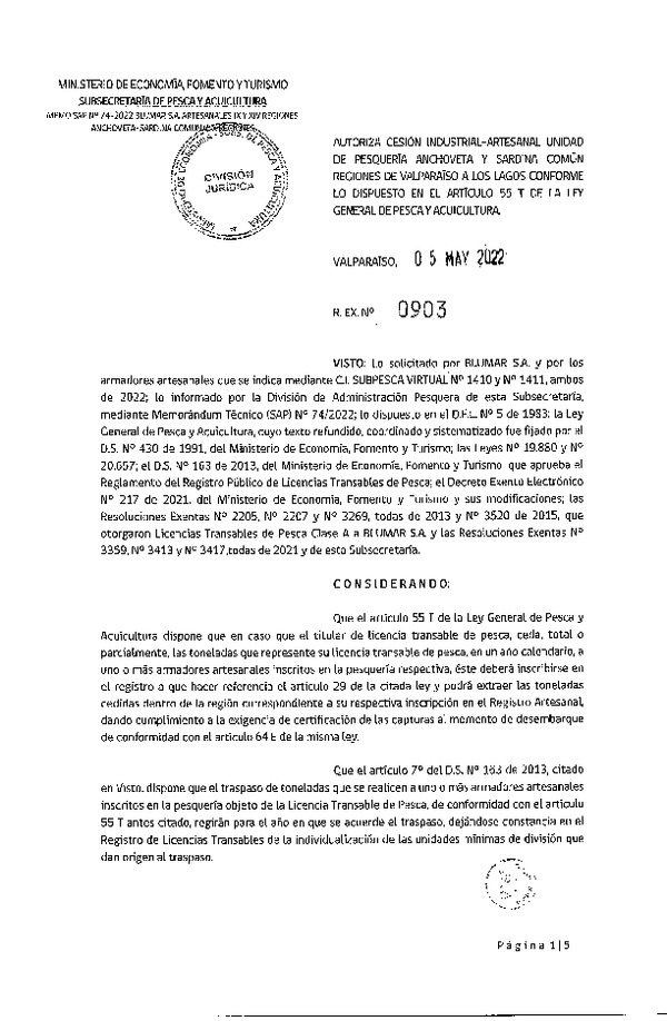 Res. Ex. N° 903-2022, Autoriza Cesión unidad de pesquería de Anchoveta y Sardina común, Regiones Valparaíso a Los Lagos. (Publicado en Página Web 05-05-2022)