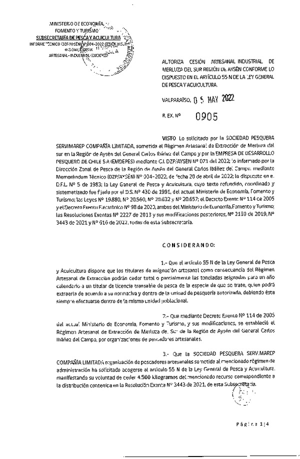 Res. Ex. N° 905-2022 Autoriza Cesión de Merluza del Sur, Región de Aysén. (Publicado en Página Web 05-05-2022)
