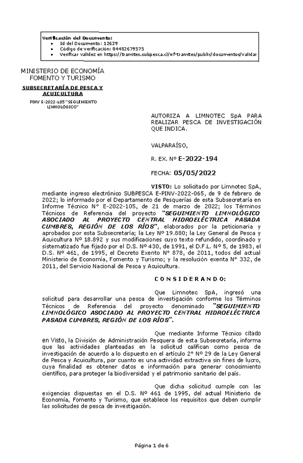 R. EX. Nº E-2022-194 SEGUIMIENTO LIMNOLÓGICO ASOCIADO AL PROYECTO CENTRAL HIDROELÉCTRICA PASADA CUMBRES, REGIÓN DE LOS RÍOS. (Publicado en Página Web 06-05-2022)