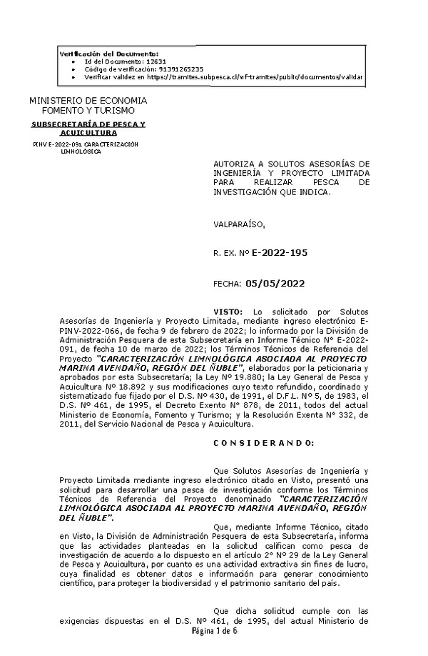 R. EX. Nº E-2022-195 CARACTERIZACIÓN LIMNOLÓGICA ASOCIADA AL PROYECTO MARINA AVENDAÑO, REGIÓN DEL ÑUBLE. (Publicado en Página Web 06-05-2022)