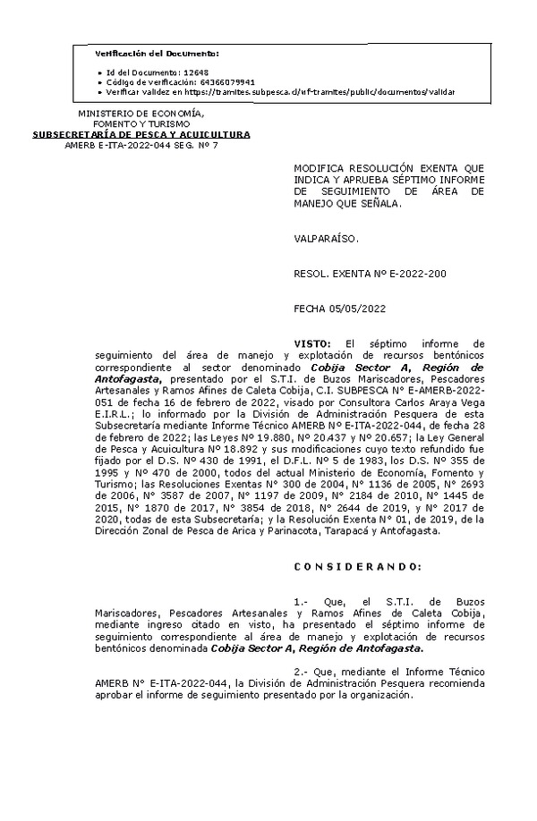 RESOL. EXENTA Nº E-2022-200 Modifica resolución que indica, Aprueba 7° Seguimiento. (Publicado en Página Web 06-05-2022)