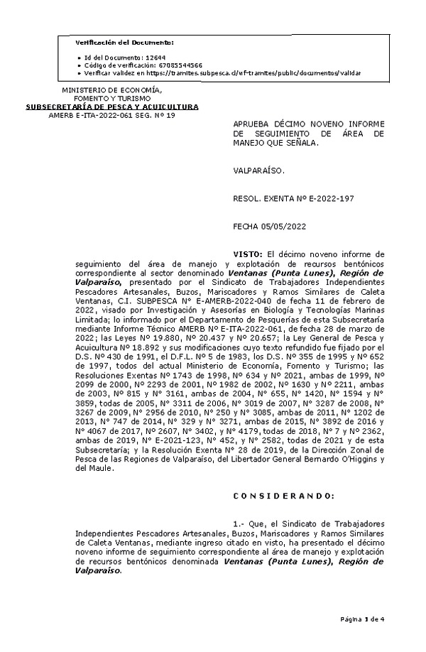 RESOL. EXENTA Nº E-2022-197 Aprueba 19° Seguimiento. (Publicado en Página Web 06-05-2022)