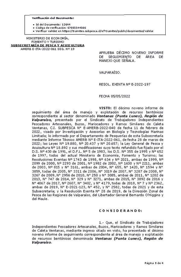 RESOL. EXENTA Nº E-2022-197 Aprueba 19° Seguimiento. (Publicado en Página Web 06-05-2022)