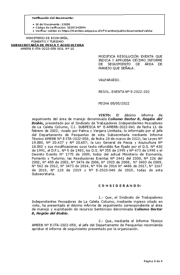 RESOL. EXENTA Nº E-2022-202 Modifica resolución que indica, Aprueba 10° Seguimiento. (Publicado en Página Web 06-05-2022)