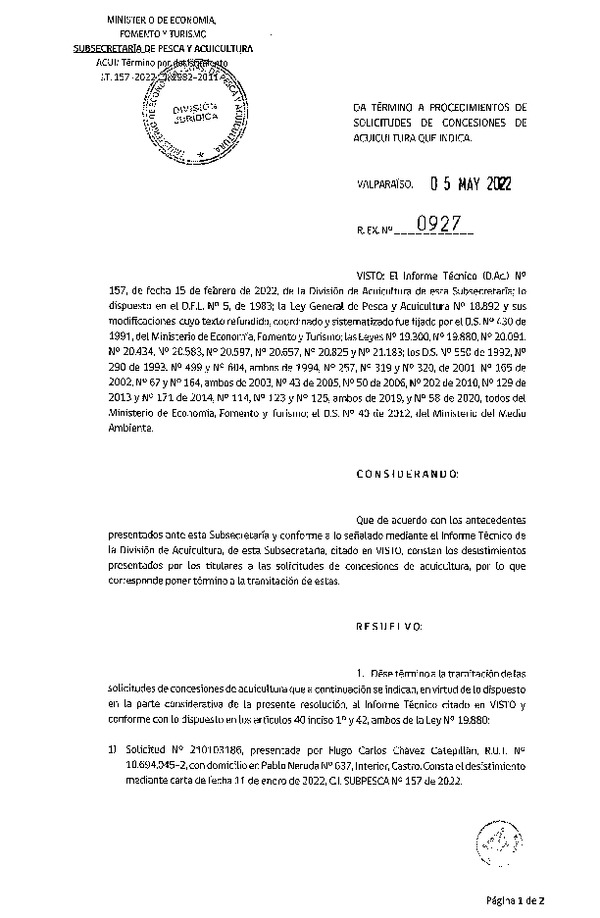 Res. Ex. N° 927-2022 Da término a procedimientos de solicitudes de concesiones de acuicultura que indica.