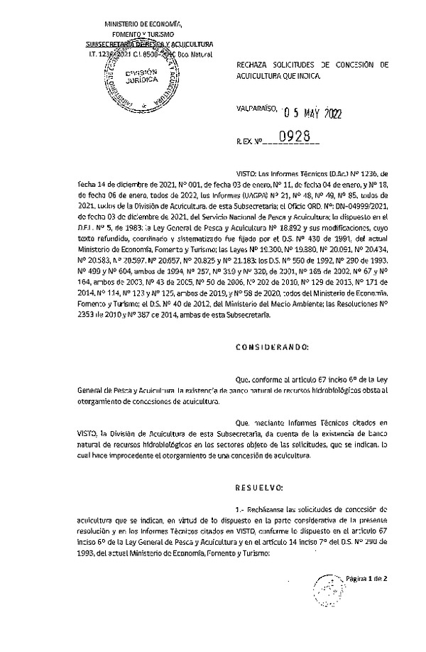 Res. Ex. N° 928-2022 Rechaza solicitudes de concesiones de acuicultura que indica.