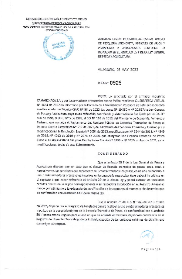 Res. Ex. N° 0929-2022, Autoriza Cesión unidad de pesquería Anchoveta, Regiones de Arica y Parinacota a Antofagasta. (Publicado en Página Web 06-05-2022)