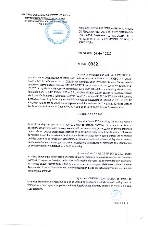 Res. Ex. N° 0932-2022, Autoriza Cesión unidad de pesquería de Anchoveta y Sardina común, Regiones Valparaíso a Los Lagos. (Publicado en Página Web 06-05-2022)