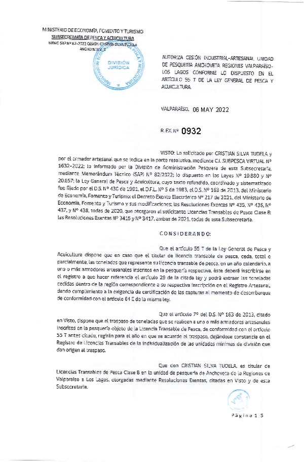 Res. Ex. N° 0932-2022, Autoriza Cesión unidad de pesquería de Anchoveta y Sardina común, Regiones Valparaíso a Los Lagos. (Publicado en Página Web 06-05-2022)