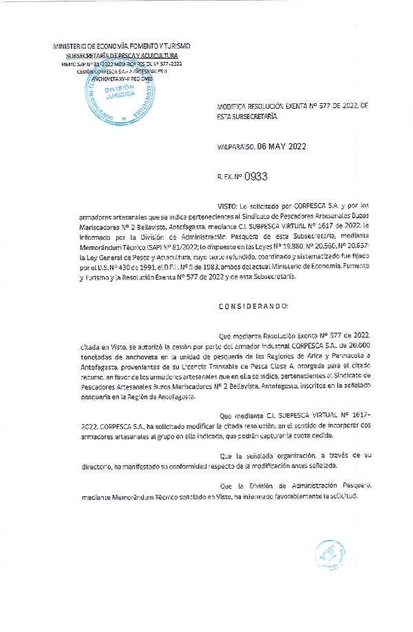 Res. Ex. N° 0933-2022 Modifica Res. Ex. N° 577-2022 Autoriza Cesión Anchoveta, Regiones de Arica y Parinacota a Región de Antofagasta. (Publicado en Página Web 06-05-2022)