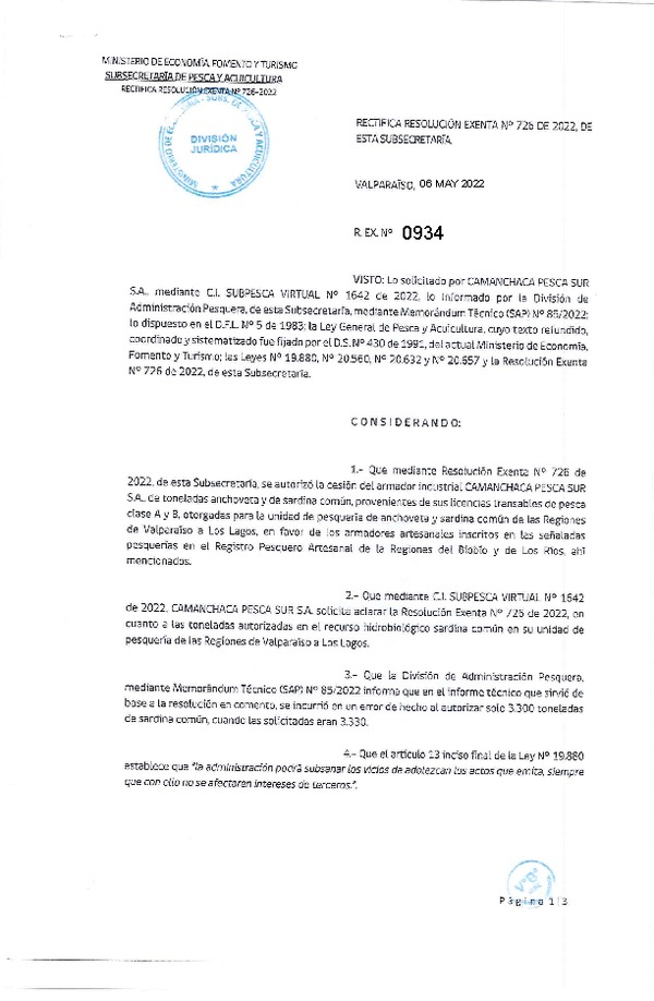 Res. Ex. N° 0934-2022 Rectifica Res. Ex. N° 0726-2022, Autoriza Cesión unidad de pesquería Anchoveta y Sardina Común, Regiones Valparaíso a Los Lagos. (Publicado en Página Web 06-05-2022)