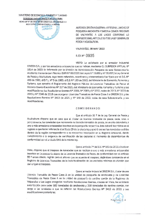 Res. Ex. N° 0935-2022, Autoriza Cesión unidad de pesquería Anchoveta y Sardina Común, Regiones Valparaíso a Los Lagos. (Publicado en Página Web 06-05-2022)
