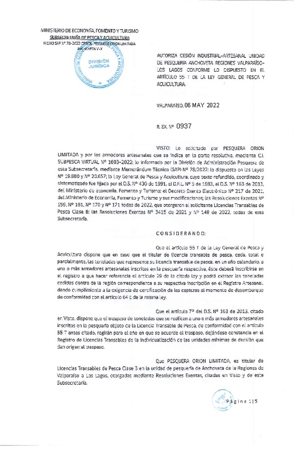 Res. Ex. N° 0937-2022, Autoriza Cesión unidad de pesquería Anchoveta, Regiones Valparaíso a Los Lagos. (Publicado en Página Web 06-05-2022)