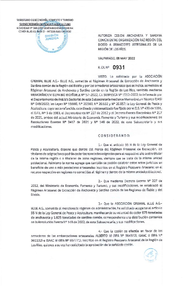 Res. Ex. N° 0931-2022 Autoriza Cesión de Anchoveta y sardina común, Regiones del Biobío a Región de Los Ríos. (Publicado en Página Web 06-05-2022)