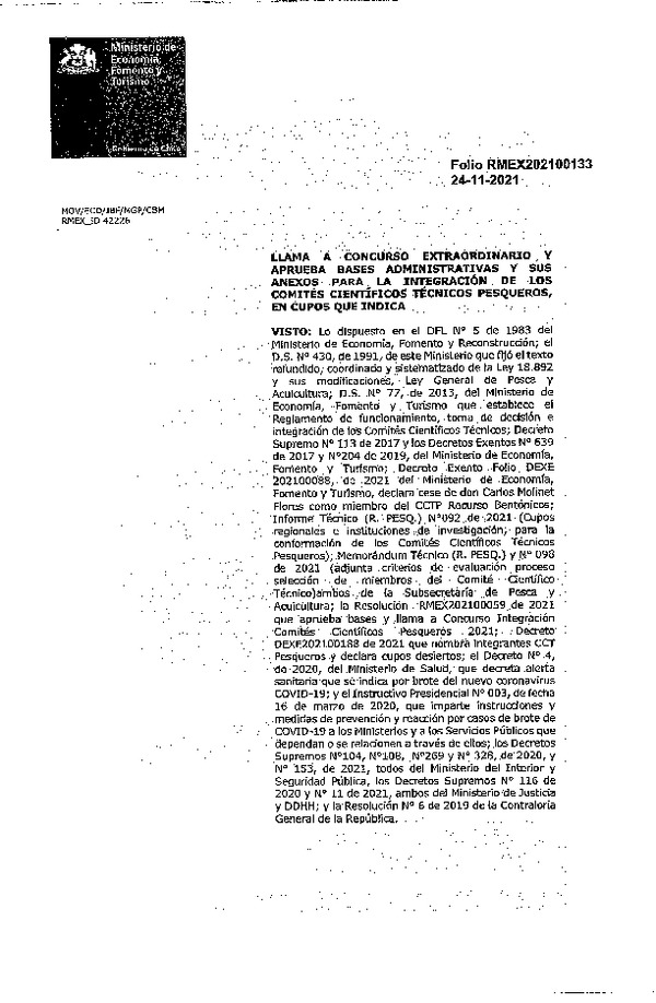 R.M. EX 202100133 Llama a Concurso Extraordinario y Aprueba Bases Administrativas y Sus Anexos Para la Integración de los Comités Científicos Técnicos Pesqueros, en Cupos que Indica. (F.D.O. 05-05-2022)