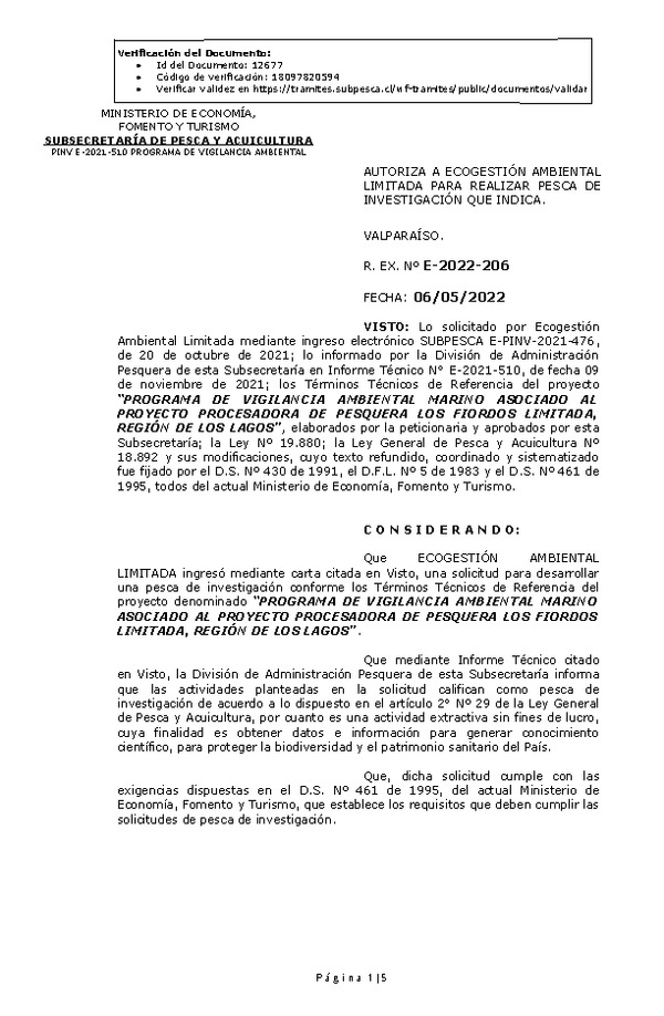 R. EX. Nº E-2022-206 PROGRAMA DE VIGILANCIA AMBIENTAL MARINO ASOCIADO AL PROYECTO PROCESADORA DE PESQUERA LOS FIORDOS LIMITADA, REGIÓN DE LOS LAGOS. (Publicado en Página Web 09-05-2022)