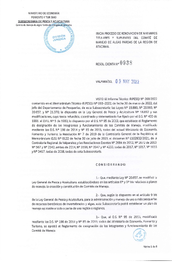 Res. Ex. N° 938-2022 Inicia Proceso de Renovación de Miembros de Miembros Titulares y Suplentes del Comité de Manejo de Algas Pardas de la Región de Atacama. (Publicado en Página Web 10-05-2012)